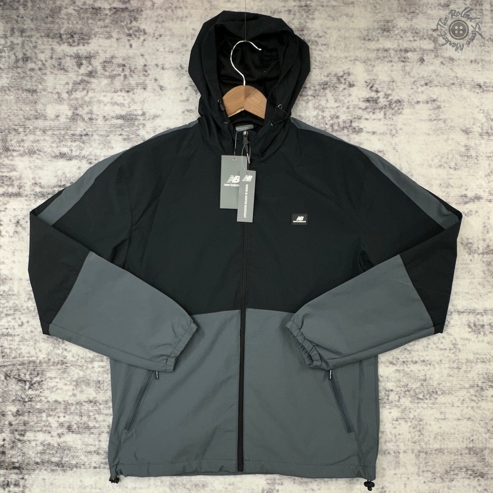 NWT New Balance Wind Jacket Men's Medium Black Gray Hooded Water Resistant